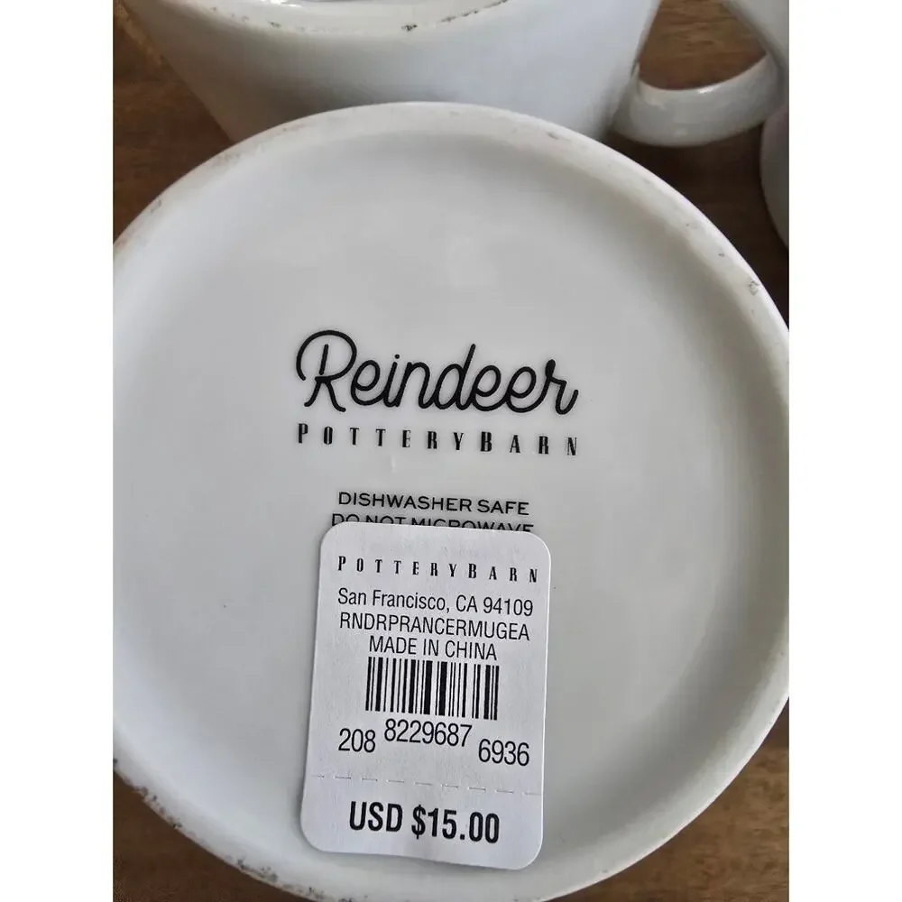 Pottery Barn Reindeer Mug White Christmas Holiday Coffee Cup NEW